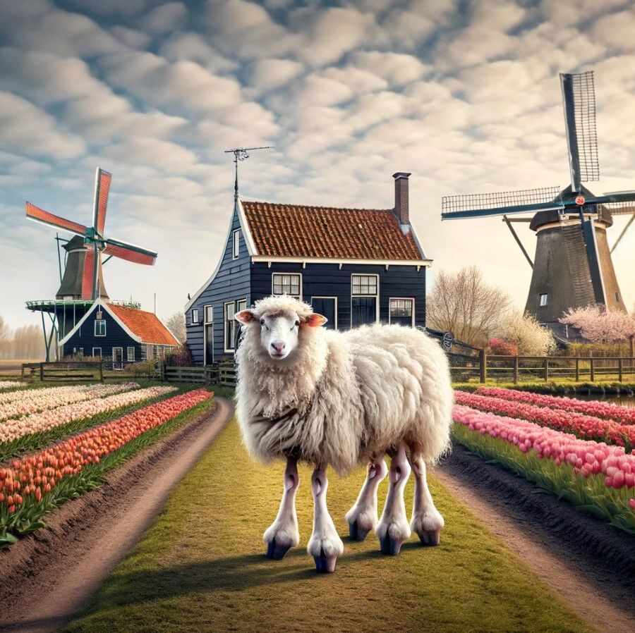 schaap met 5 poten gemaakt door AI in typisch Nederlandse omgeving met tulpen en molens