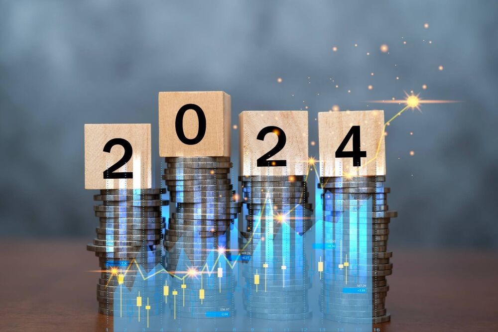 Toren van munten met de cijfers van 2024